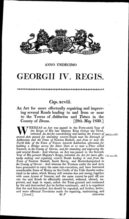 Ashburton and Totnes Roads Act 1830