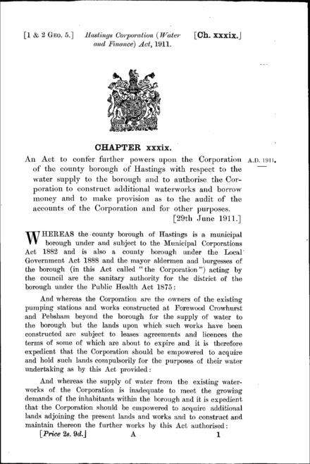 Hastings Corporation (Water and Finance) Act 1911