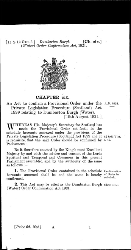 Dumbarton Burgh (Water) Order Confirmation Act 1921