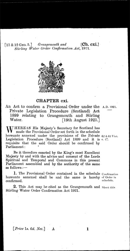 Grangemouth and Stirling Water Order Confirmation Act 1921