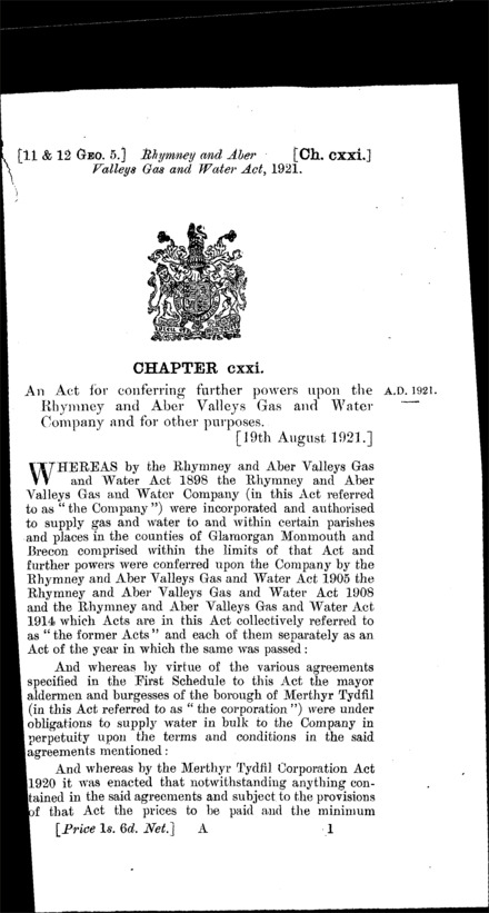 Rhymney and Aber Valleys Gas and Water Act 1921