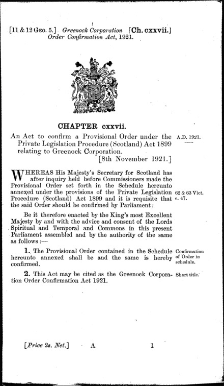 Greenock Corporation Order Confirmation Act 1921