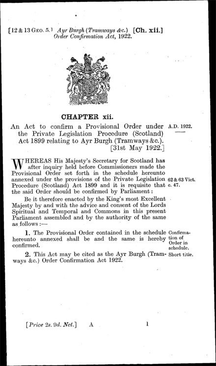Ayr Burgh (Tramways, &c.) Order Confirmation Act 1922