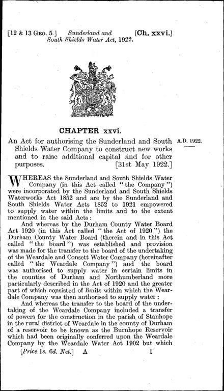Sunderland and South Shields Water Act 1922