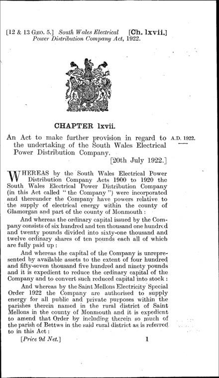 South Wales Electrical Power Distribution Company Act 1922