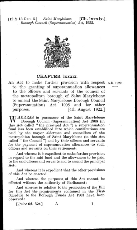 St. Marylebone Borough Council (Superannuation) Act 1922