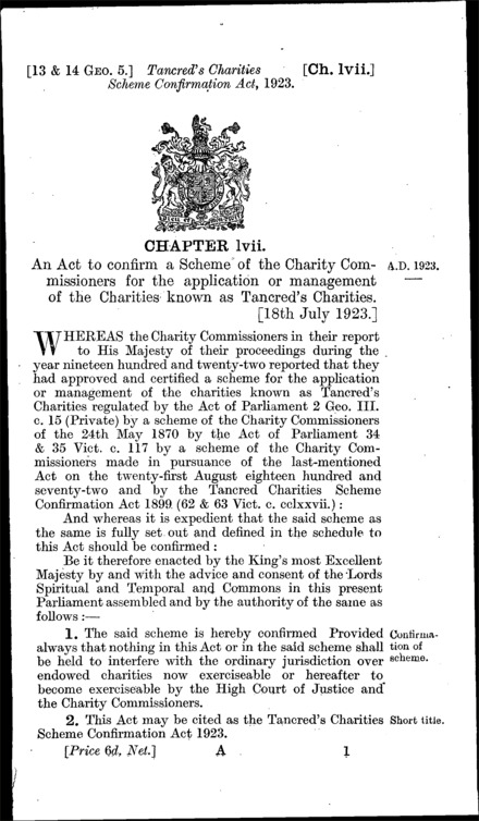 Tancred's Charities Scheme Confirmation Act 1923