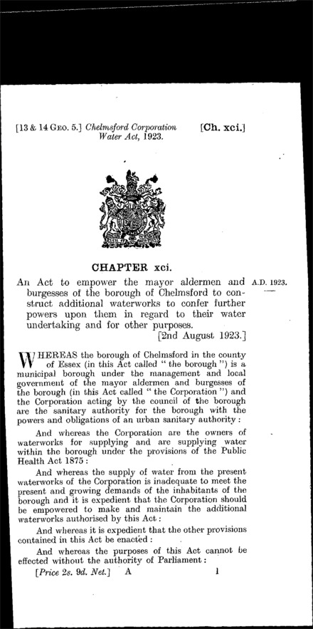 Chelmsford Corporation Water Act 1923