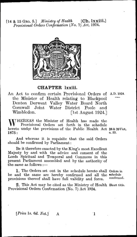 Ministry of Health Provisional Orders Confirmation (No. 7) Act 1924