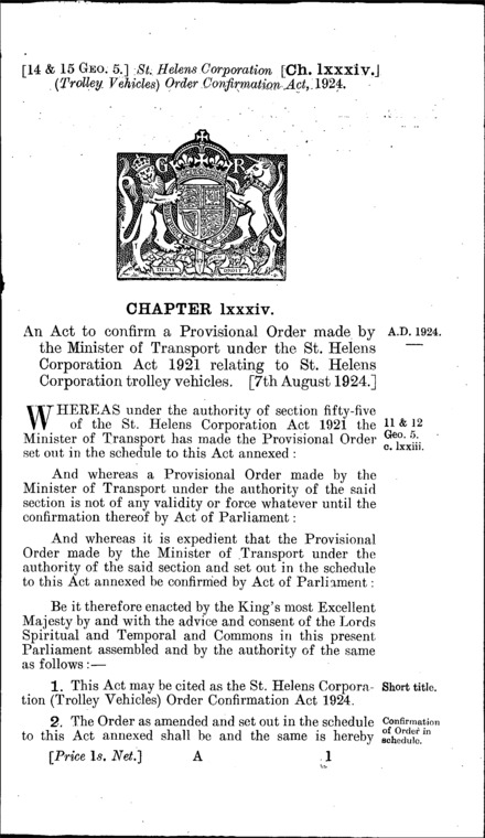 St. Helens Corporation (Trolley Vehicles) Order Confirmation Act 1924