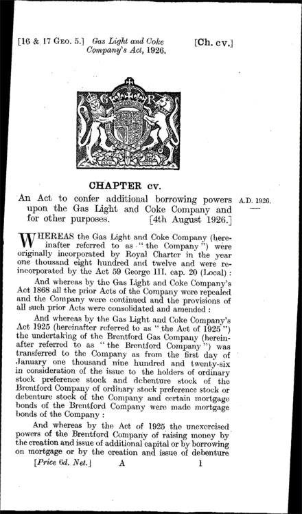 Gas Light and Coke Company's Act 1926