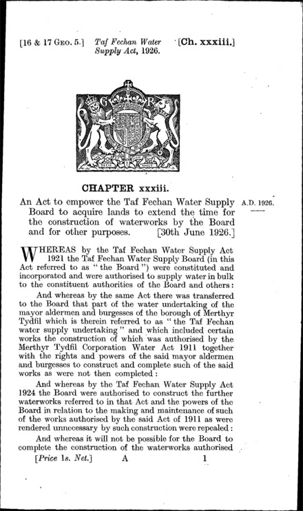 Taf Fechan Water Supply Act 1926