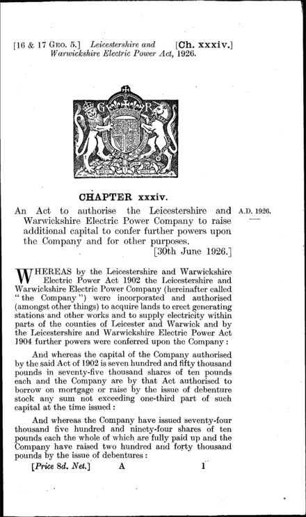 Leicestershire and Warwickshire Electric Power Act 1926