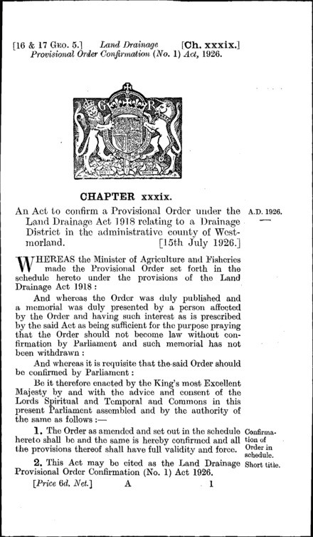 Land Drainage Provisional Order Confirmation (No. 1) Act 1926