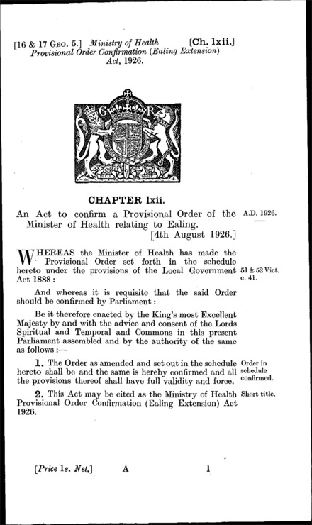 Ministry of Health Provisional Order Confirmation (Ealing Extension) Act 1926