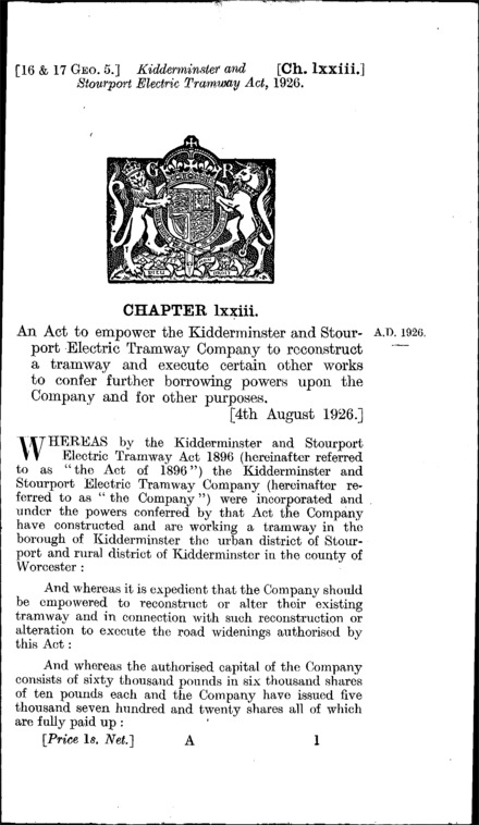 Kidderminster and Stourport Electric Tramway Act 1926