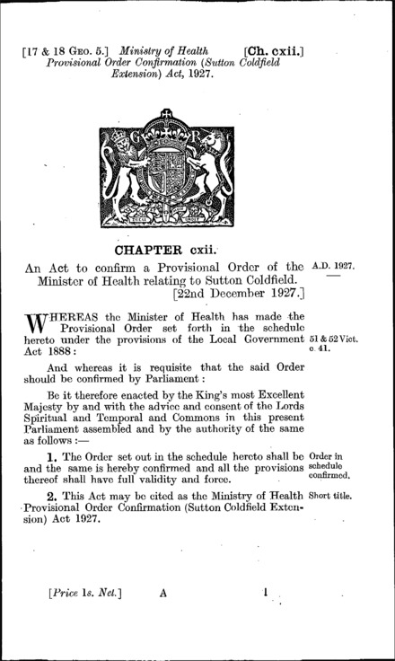 Ministry of Health Provisional Order Confirmation (Sutton Coldfield Extension) Act 1927