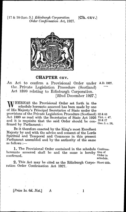 Edinburgh Corporation Order Confirmation Act 1927