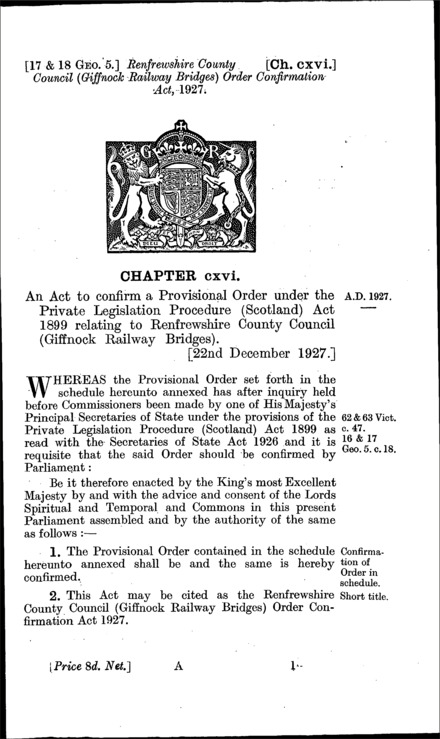 Renfrewshire County Council (Giffnock Railway Bridges) Order Confirmation Act 1927