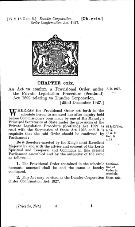 Dundee Corporation Order Confirmation Act 1927