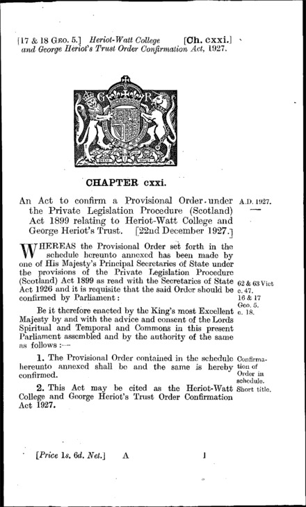 Heriot-Watt College and George Heriot's Trust Order Confirmation Act 1927