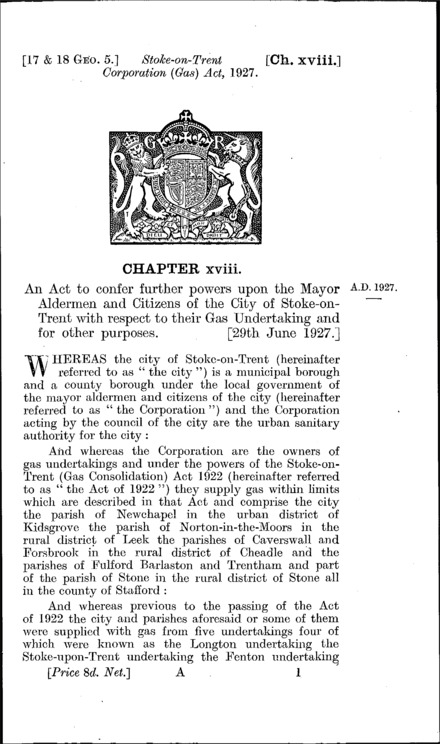Stoke-on-Trent Corporation (Gas) Act 1927