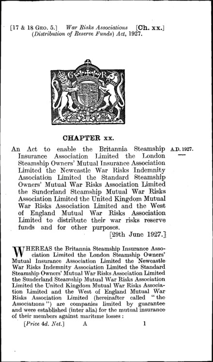 War Risks Association (Distribution of Reserve Funds) Act 1927