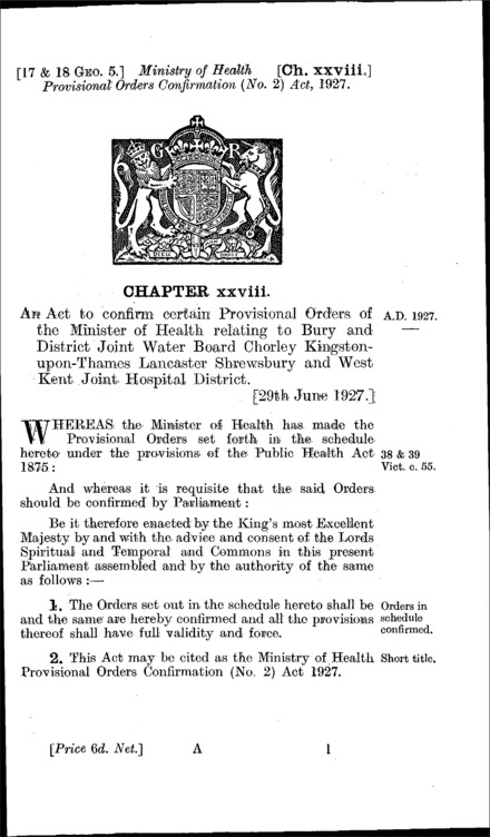Ministry of Health Provisional Orders Confirmation (No. 2) Act 1927