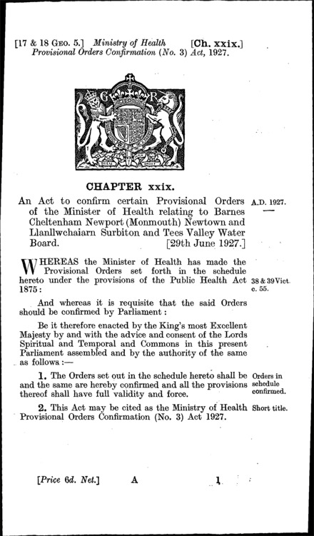 Ministry of Health Provisional Orders Confirmation (No. 3) Act 1927