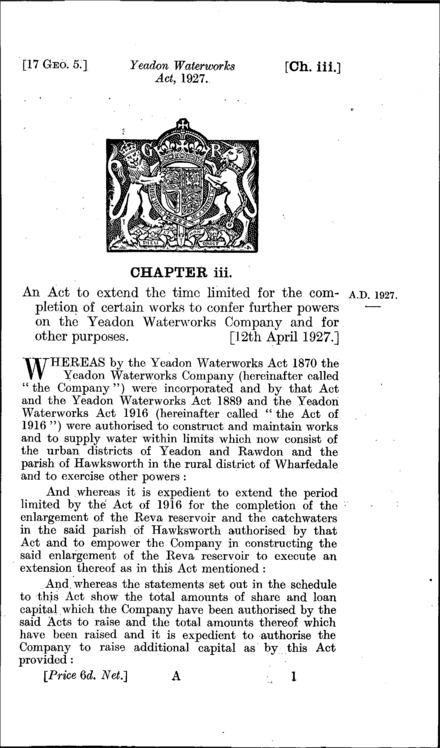 Yeadon Waterworks Act 1927