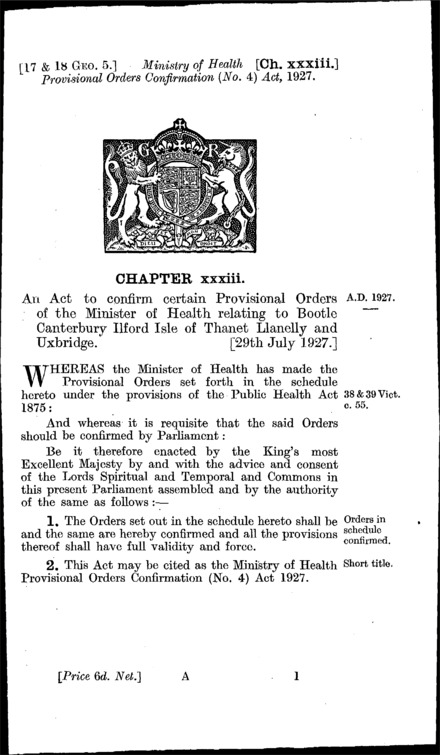Ministry of Health Provisional Orders Confirmation (No. 4) Act 1927