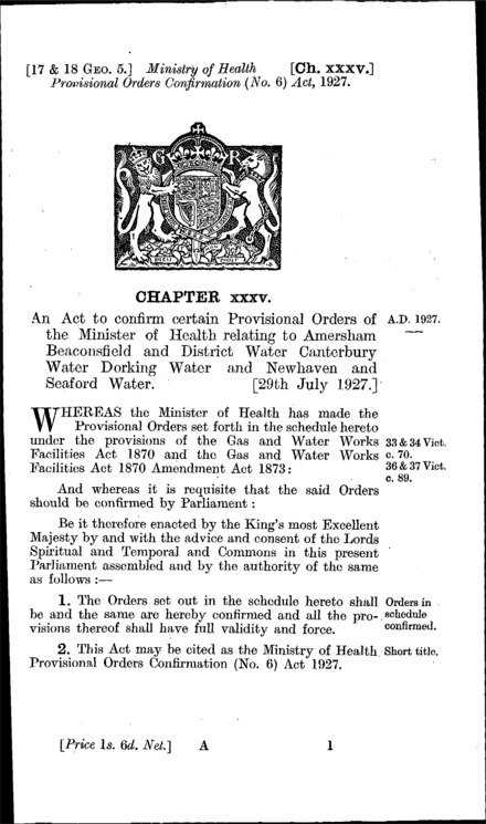 Ministry of Health Provisional Orders Confirmation (No. 6) Act 1927