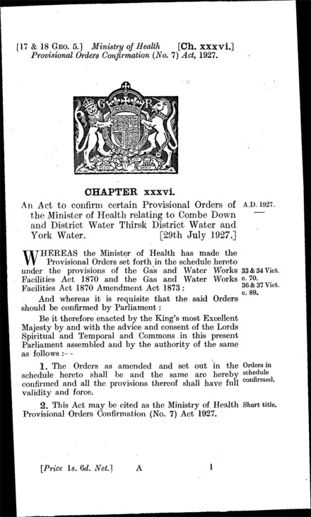 Ministry of Health Provisional Orders Confirmation (No. 7) Act 1927