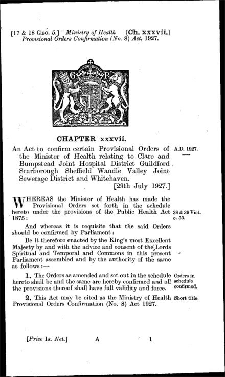 Ministry of Health Provisional Orders Confirmation (No. 8) Act 1927