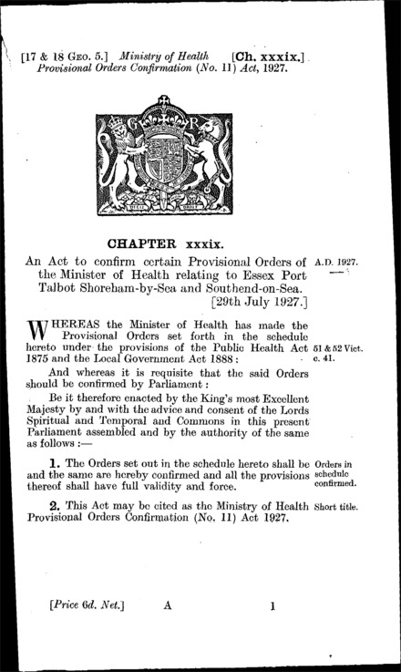 Ministry of Health Provisional Orders Confirmation (No. 11) Act 1927