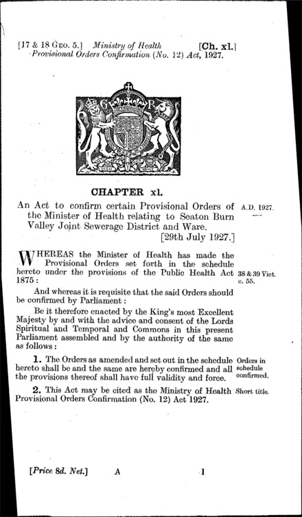Ministry of Health Provisional Orders Confirmation (No. 12) Act 1927