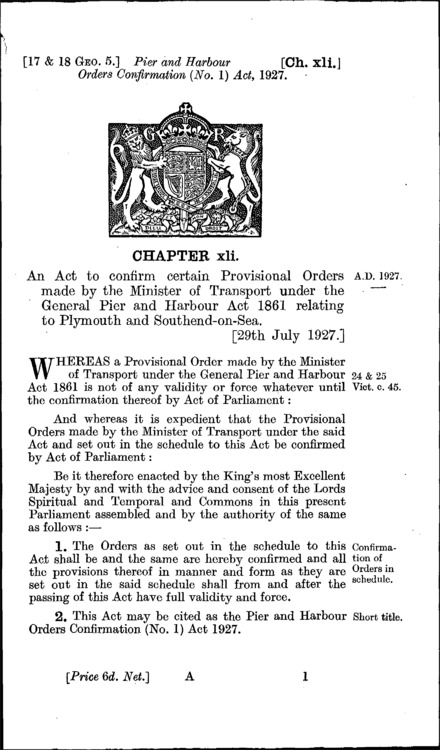 Pier and Harbour Orders Confirmation (No. 1) Act 1927