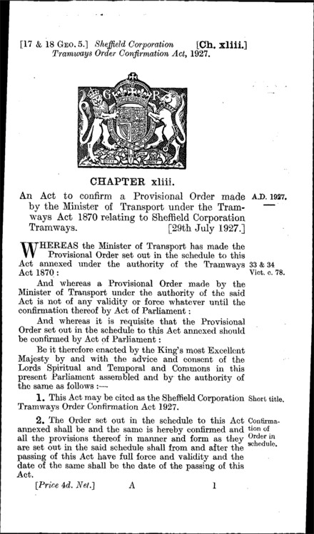 Sheffield Corporation Tramways Order Confirmation Act 1927