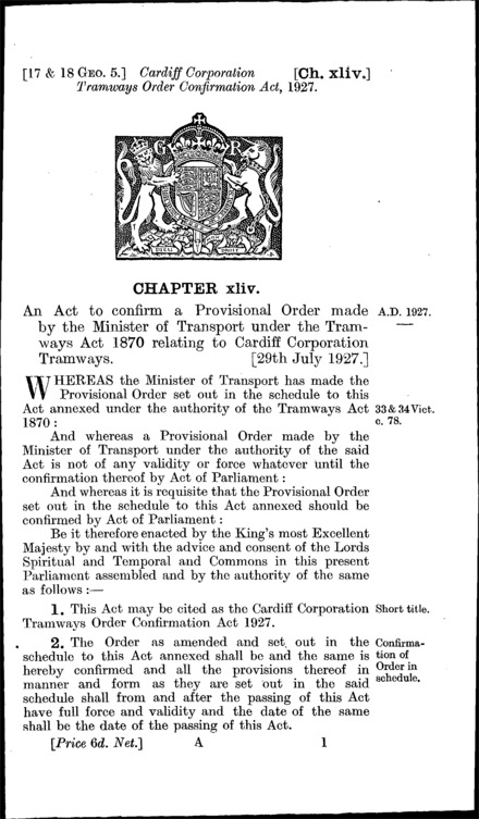 Cardiff Corporation Tramways Order Confirmation Act 1927