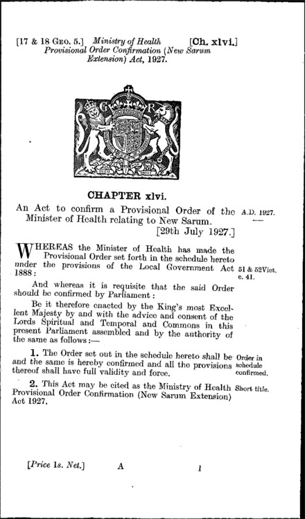 Ministry of Health Provisional Order Confirmation (New Sarum Extension) Act 1927