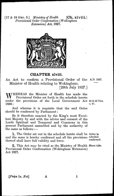 Ministry of Health Provisional Order Confirmation (Wokingham Extension) Act 1927