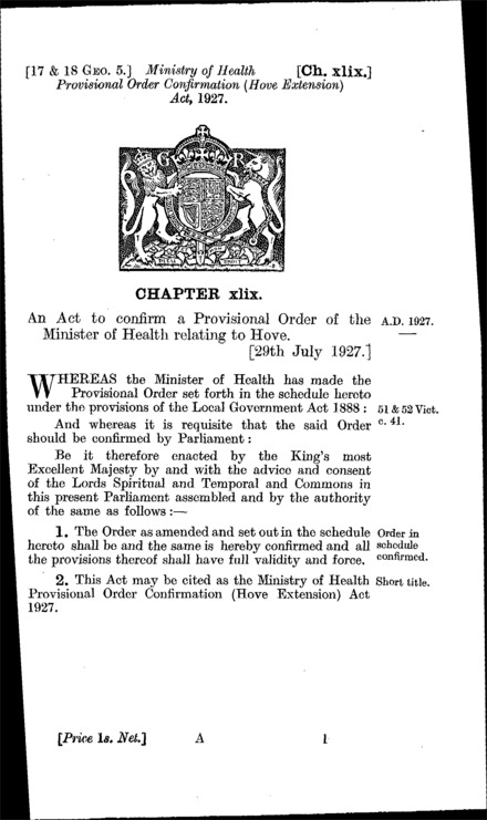 Ministry of Health Provisional Order Confirmation (Hove Extension) Act 1927