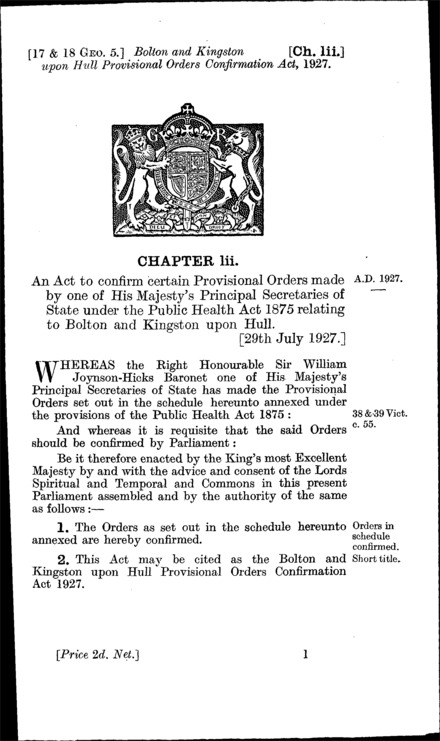 Bolton and Kingston-upon-Hull Provisional Orders Confirmation Act 1927