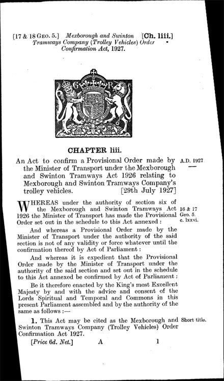 Mexborough and Swinton Tramways Company (Trolley Vehicles) Order Confirmation Act 1927