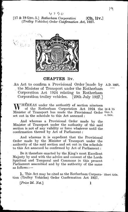 Rotherham Corporation (Trolley Vehicles) Order Confirmation Act 1927