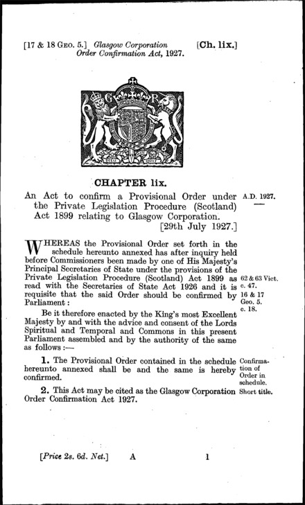 Glasgow Corporation Order Confirmation Act 1927
