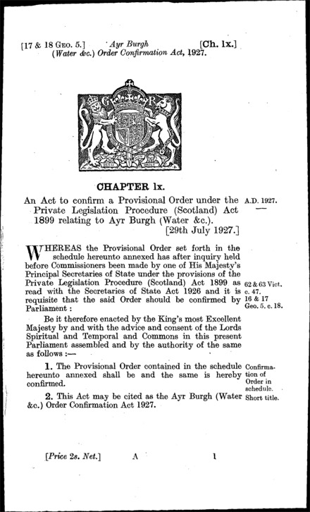 Ayr Burgh (Water, &c.) Order Confirmation Act 1927
