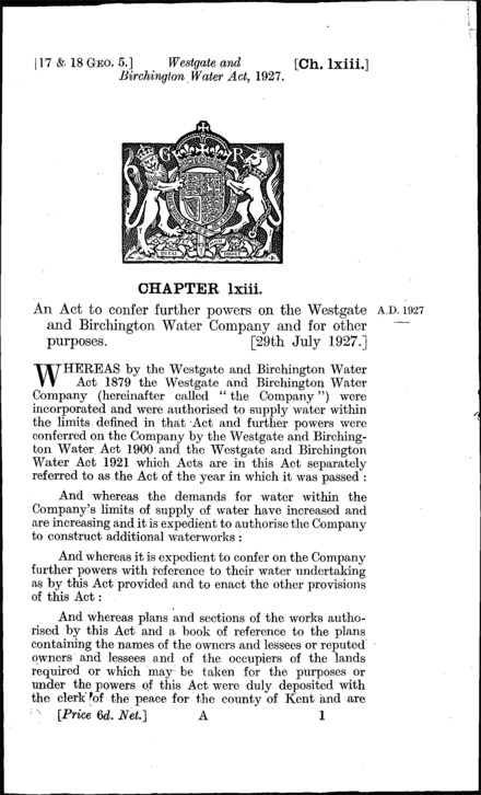 Westgate and Birchington Water Act 1927
