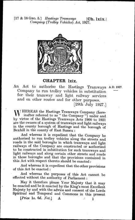 Hastings Tramways Company (Trolley Vehicles) Act 1927