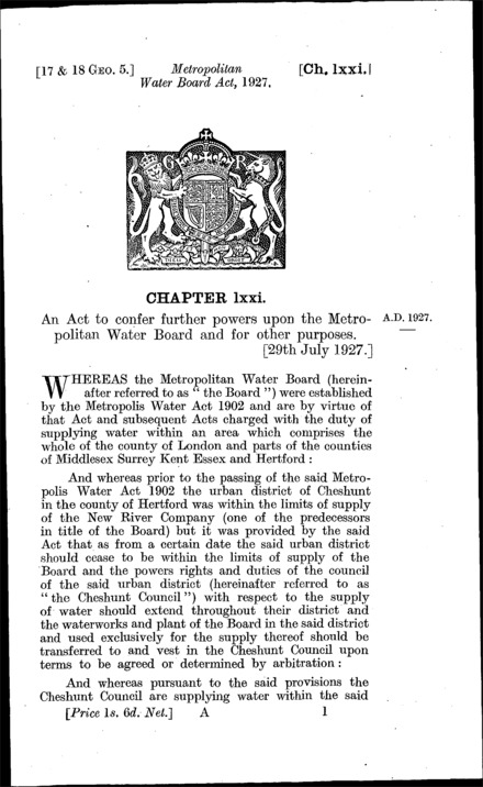 Metropolitan Water Board Act 1927